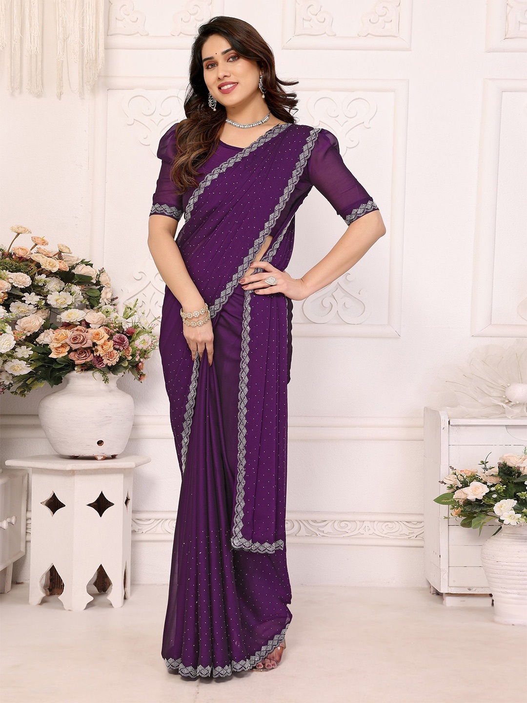 

Moda Rapido Embellished Beads and Stones Pure Silk Saree, Purple