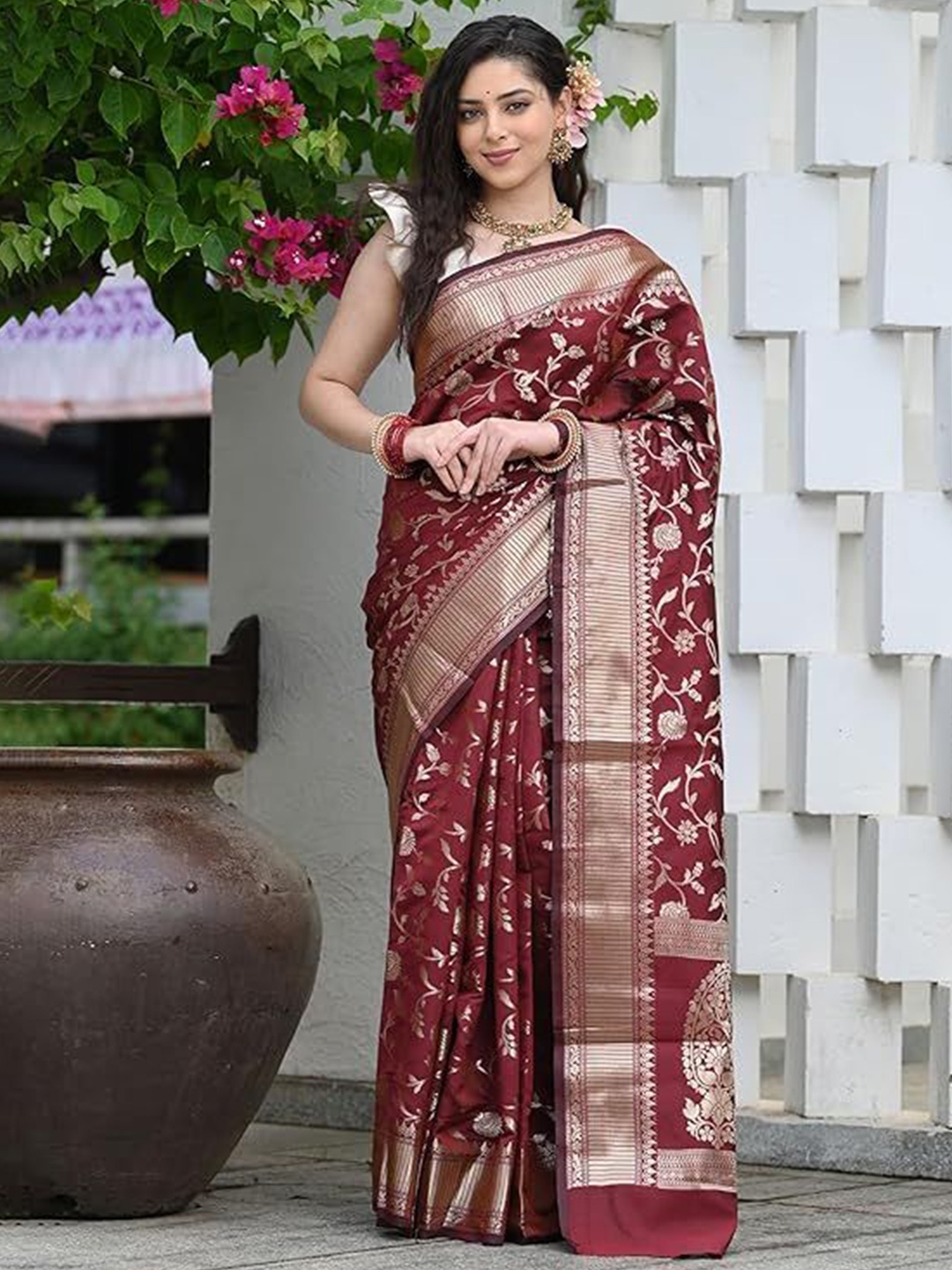 

KALINI Woven Design Zari Pure Silk Kanjeevaram Saree, Maroon