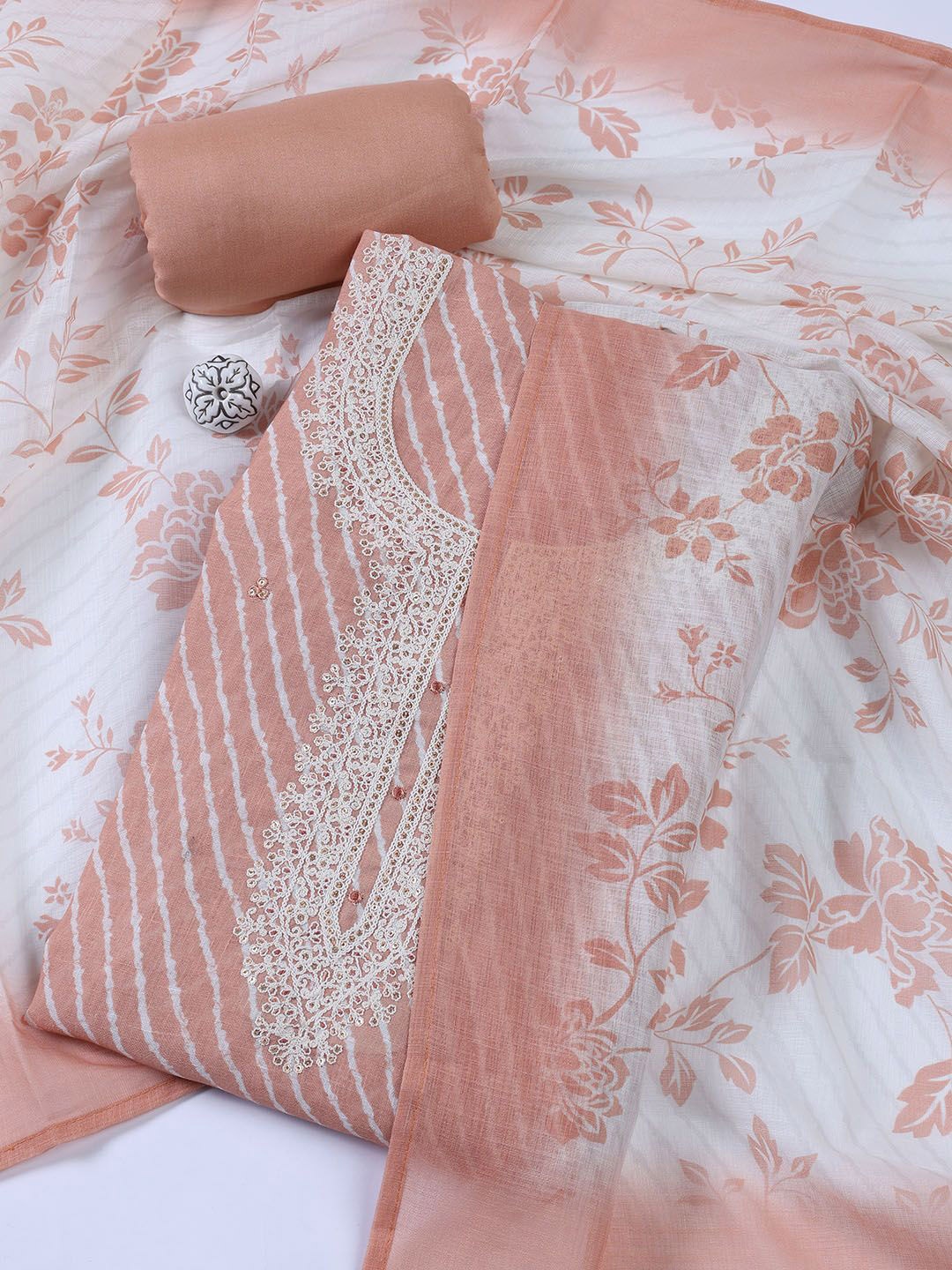 

Meena Bazaar Floral Printed Sequinned Linen Unstitched Dress Material, Peach