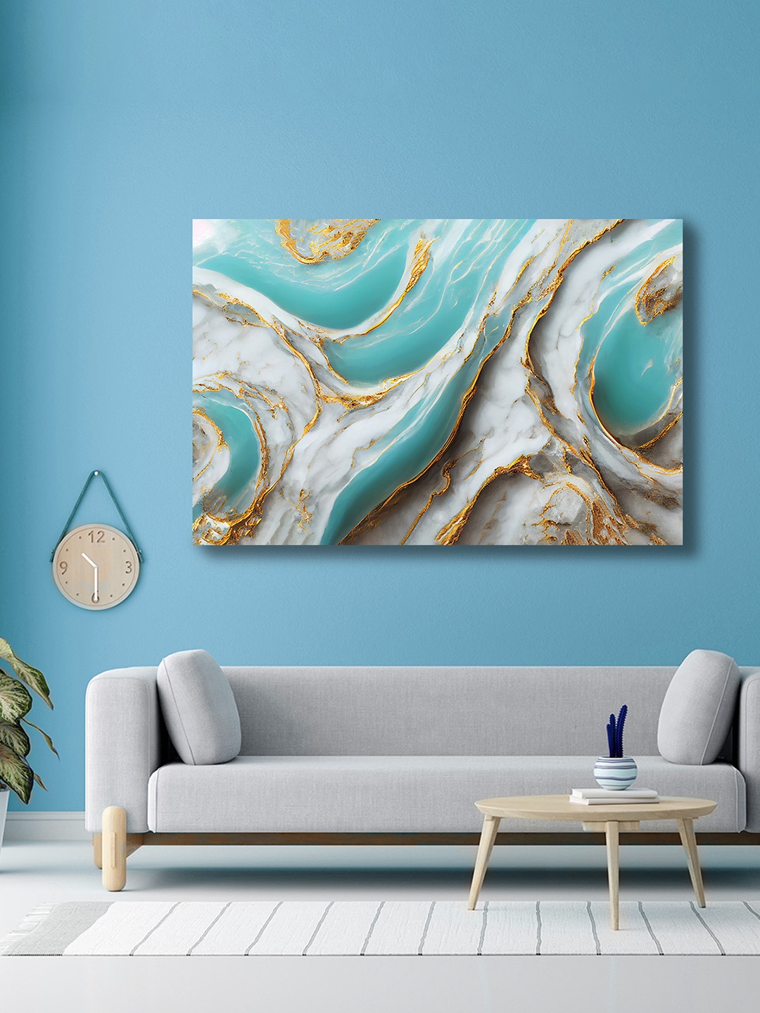 

CVANU White & Blue Canvas Abstract Painting Wall Art