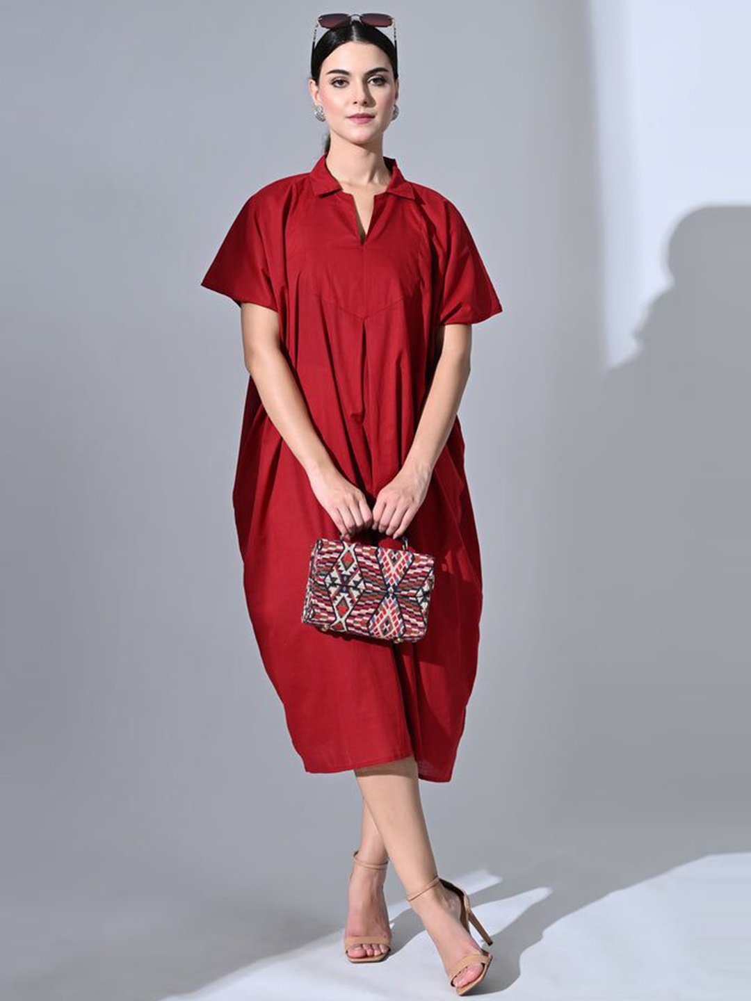 

SEEDS OF FUSION Shirt Midi Dress, Burgundy