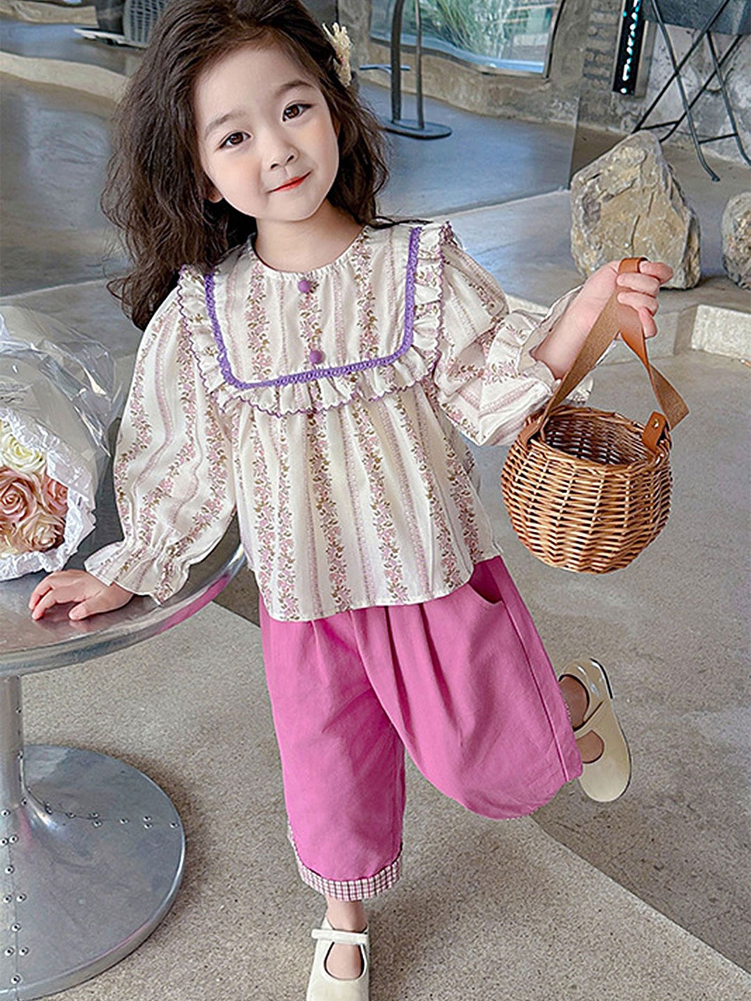 

LULU & SKY Girls Floral Printed Bell Sleeves Top With Trousers, White