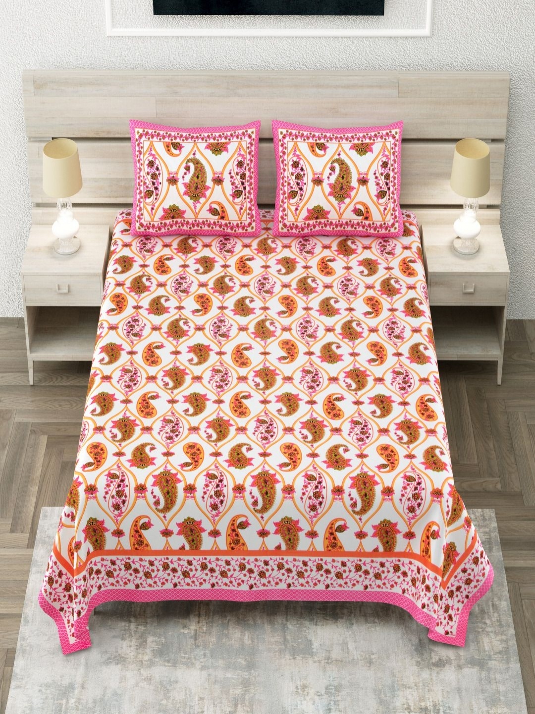 

Aapno Rajasthan Pink Ethnic Motifs Pure Cotton 144 TC King Bedsheet Set 2.74 m x 2.74 m