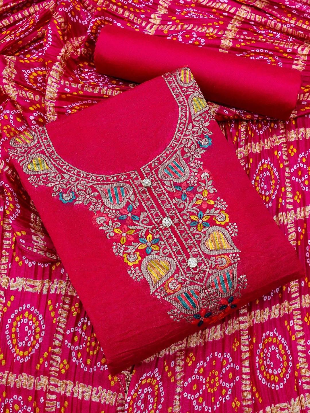 

Rangtulika Floral Embroidered Banarasi Meenakari Jacquard Unstitched Dress Material, Red