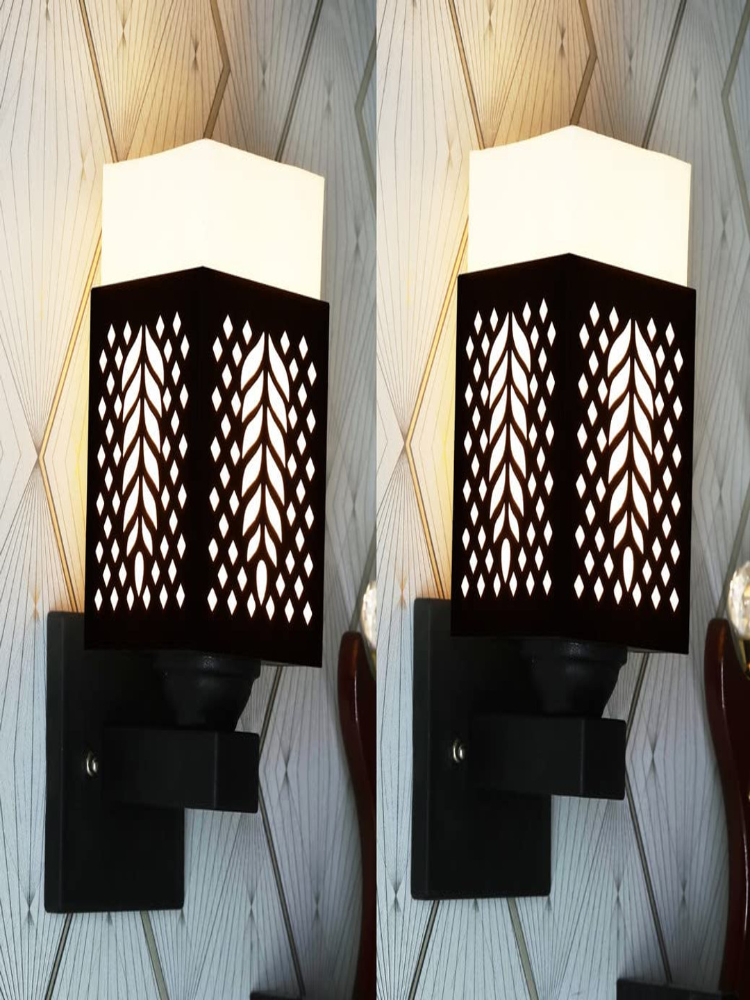 

Gojeeva Black & White 2 Pieces Textured Square Shaped Wooden Wall Lamps