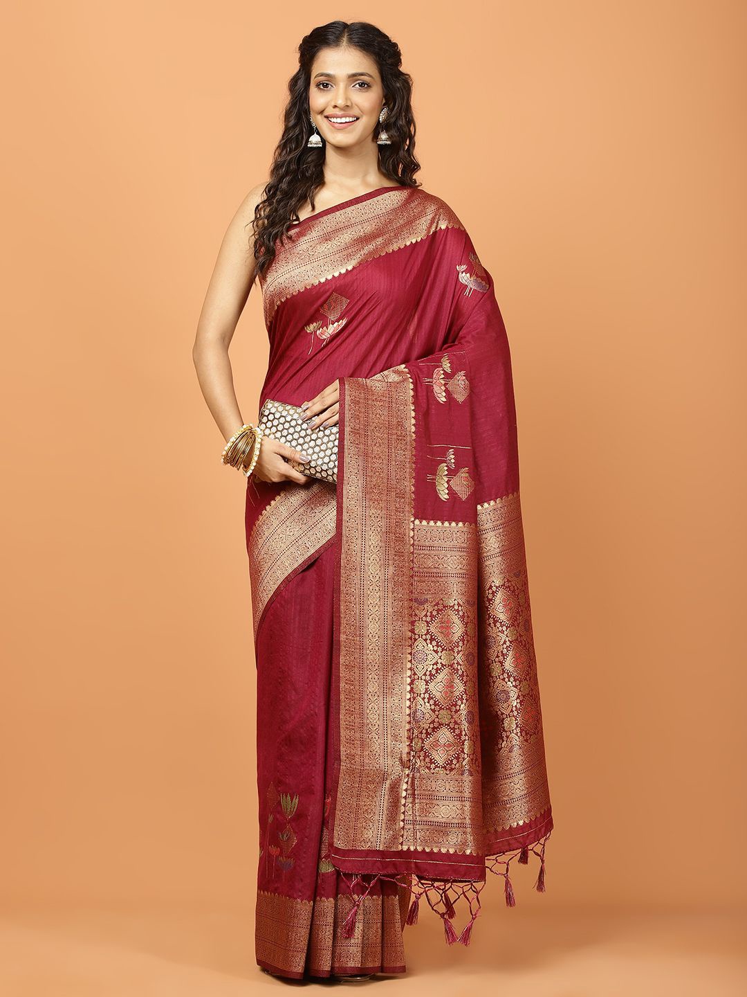 

Meena Bazaar Woven Design Zari Art Silk Saree, Burgundy