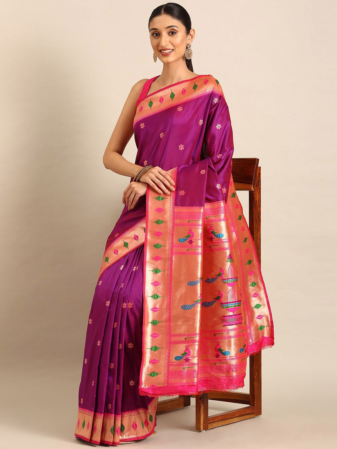 

DIVASTRI Woven Design Zari Silk Blend Designer Paithani Saree, Purple