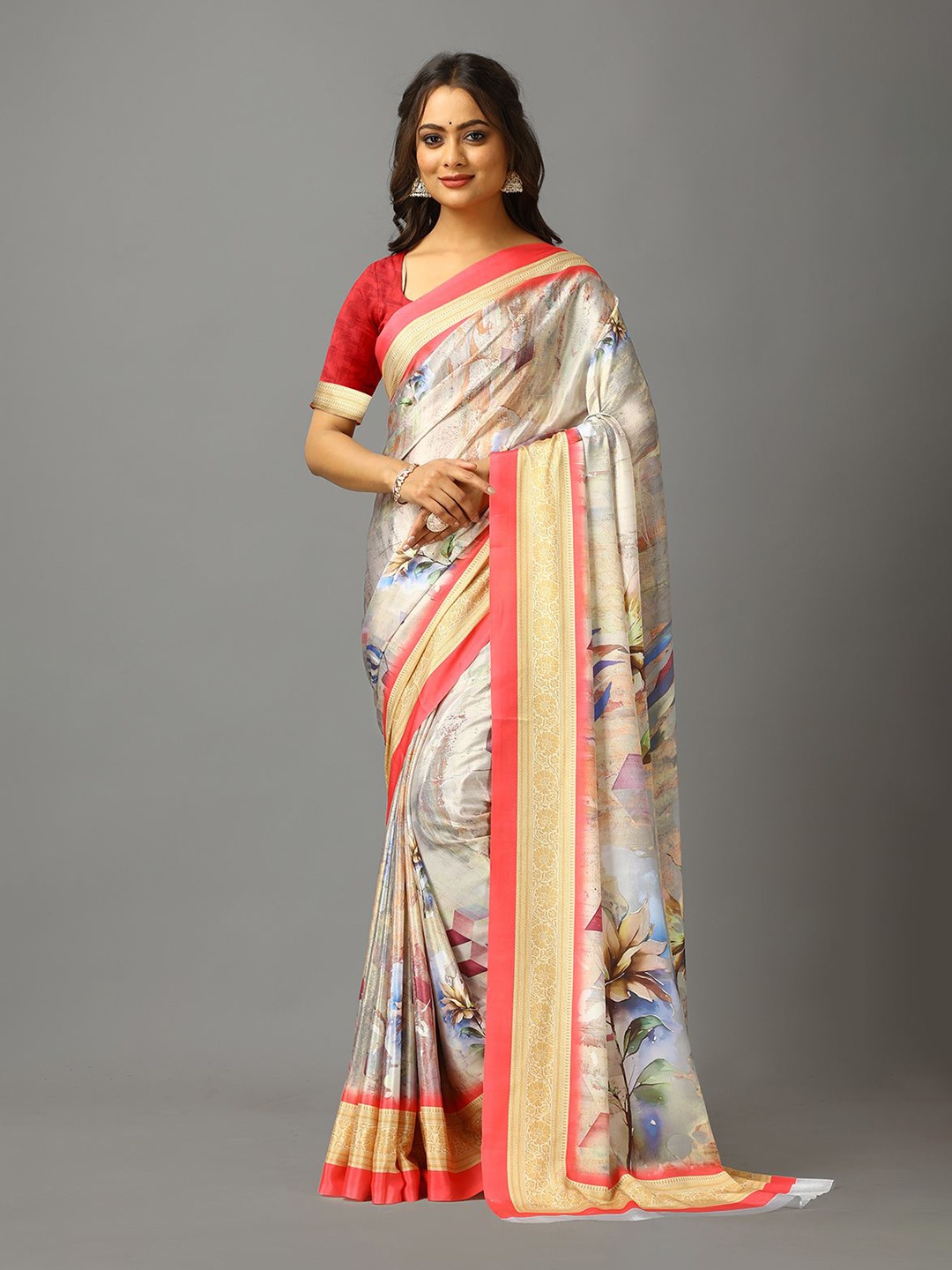 

VIRENDRA TEXTILES Floral Pure Crepe Saree, White