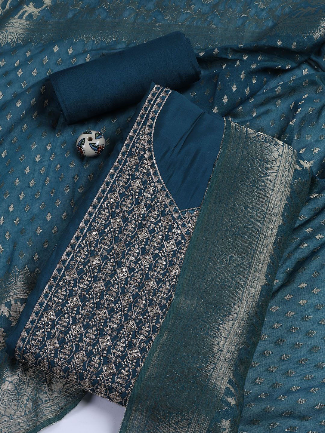 

Meena Bazaar Floral Embroidered Sequinned Unstitched Dress Material, Blue