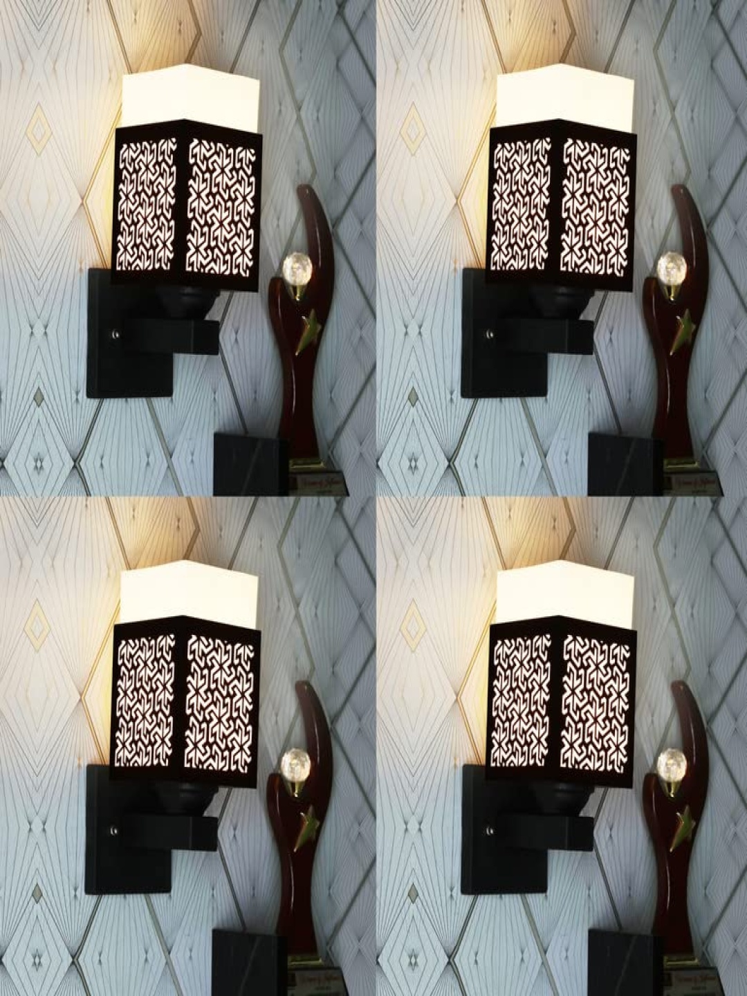 

Gojeeva Black & White 4 Pieces Textured Wooden Square Shaped Wall Lamps