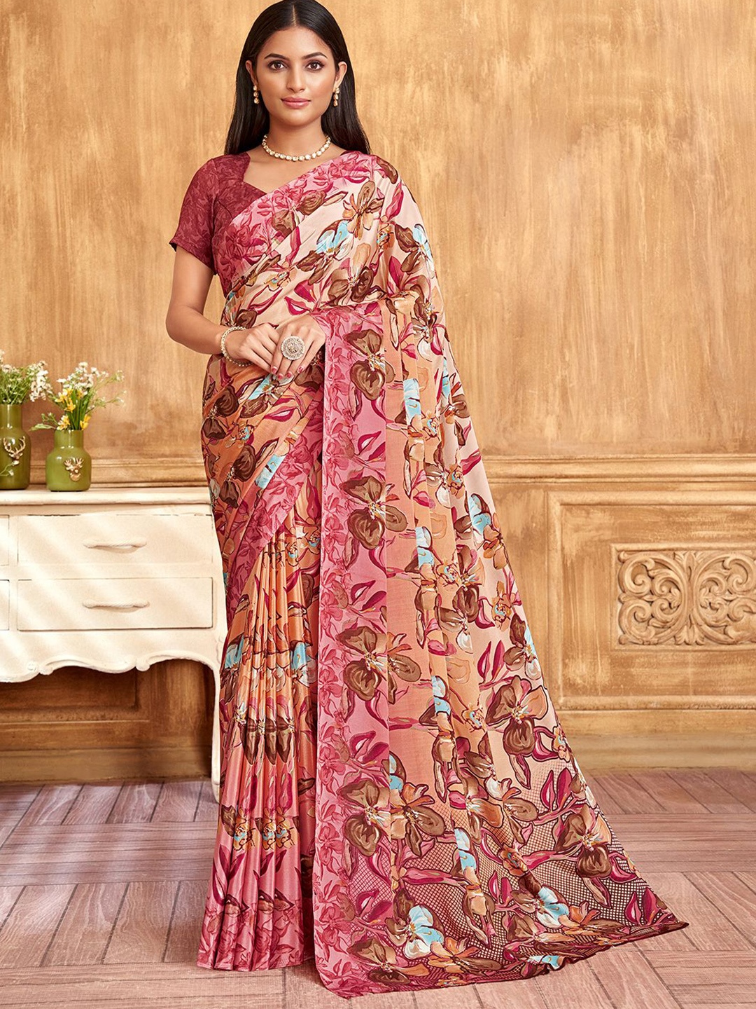 

LeeliPeeri Designer Floral Poly Crepe Saree, Pink