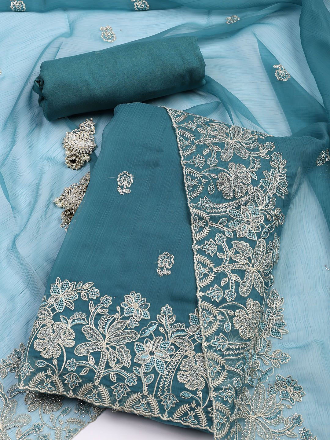 

Meena Bazaar Floral Embroidered Beads and Stones Organza Unstitched Dress Material, Teal