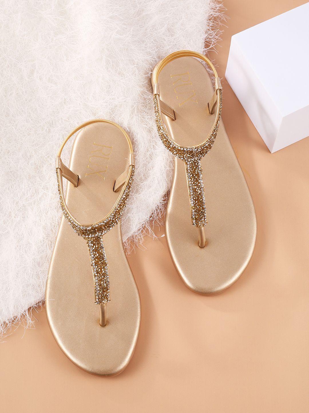 

RUXBYPAYAL Women Embellished T-Strap Flats with Embroidered, Gold