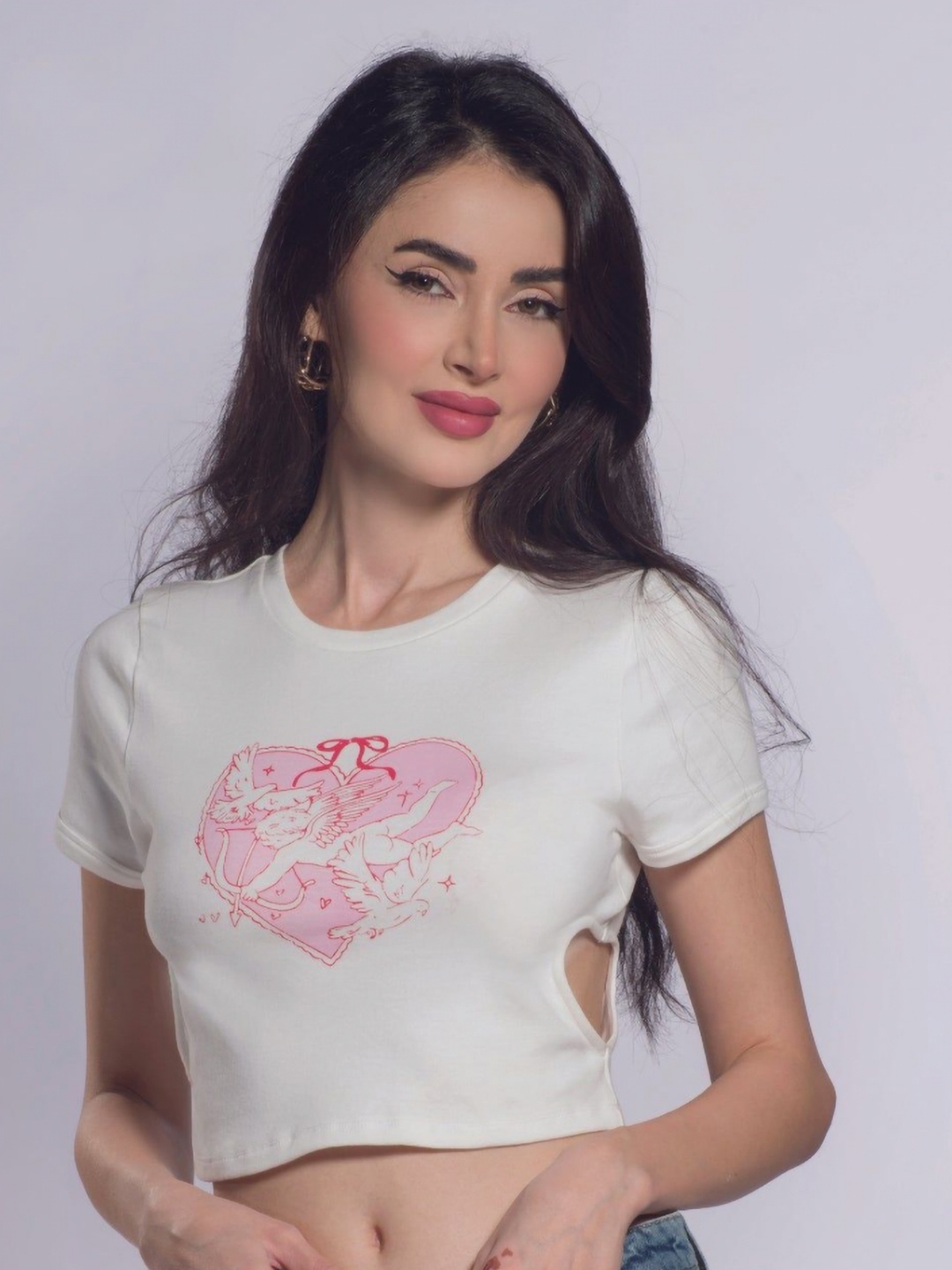 

Virgio Women Snow Graphic Cutout Pure Cotton T-Shirt, Off white