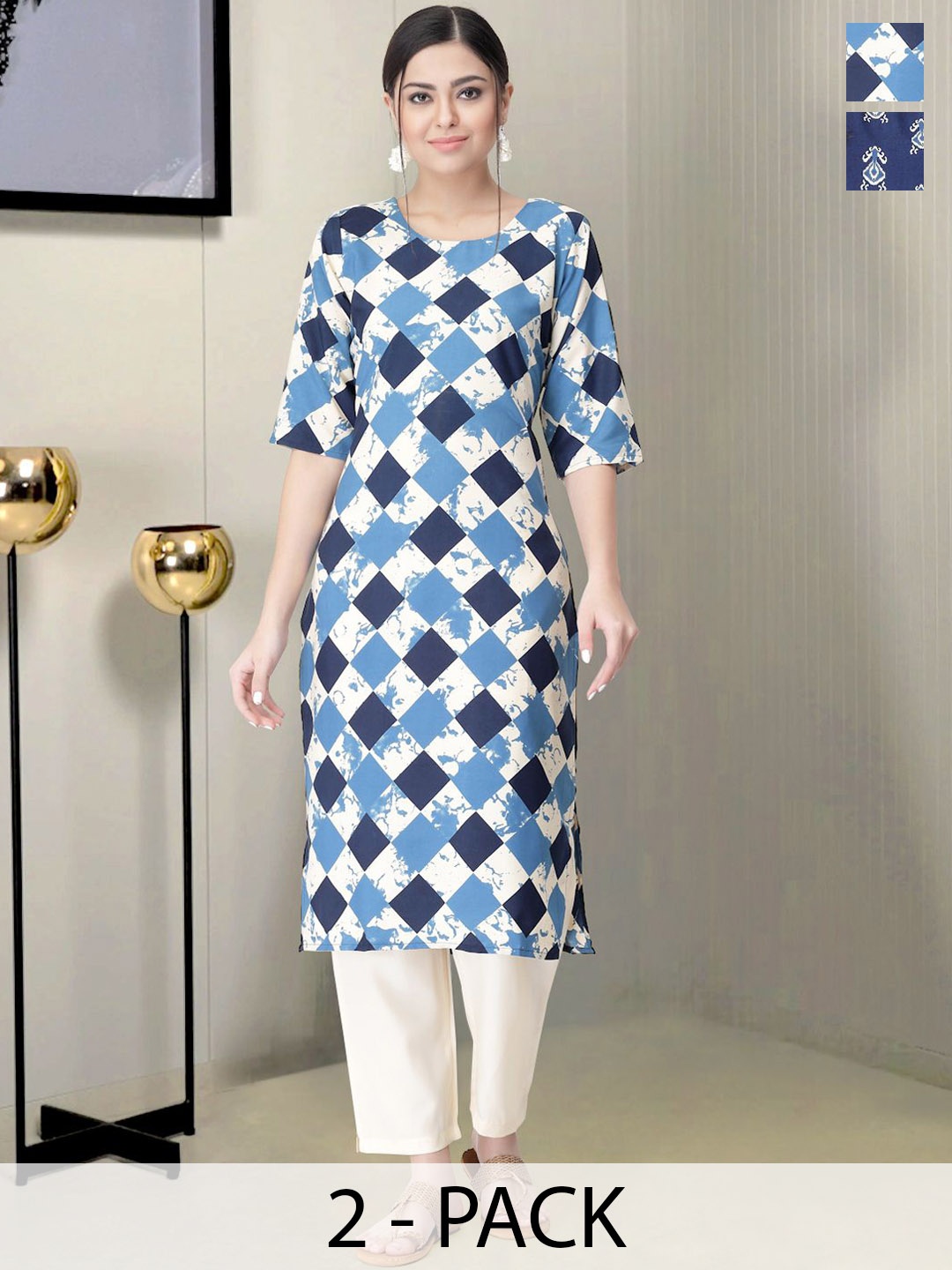

Moda Rapido Selection Of 2 Geometric Printed Round Neck Straight Kurta With Trousers, White