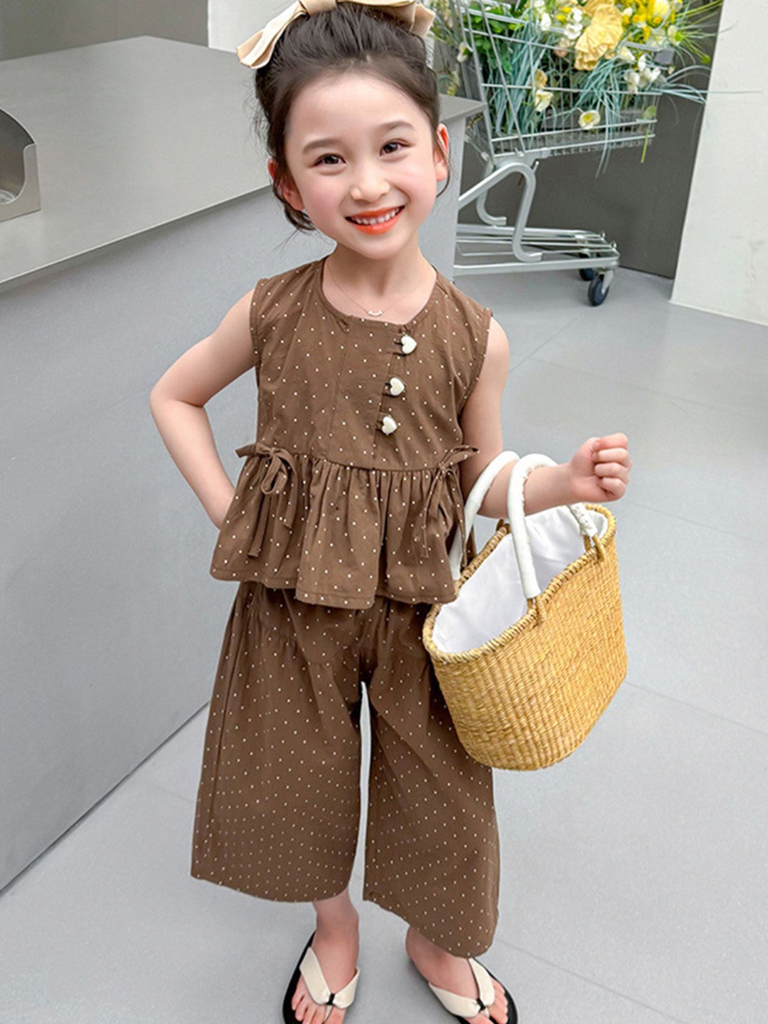

LULU & SKY Girls Polka Dot Printed Top with Trousers, Brown