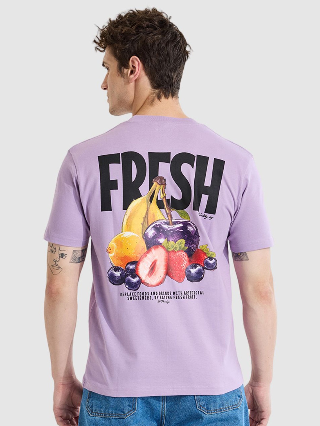

Snitch Men Printed Pure Cotton Slim Fit T-shirt, Lavender