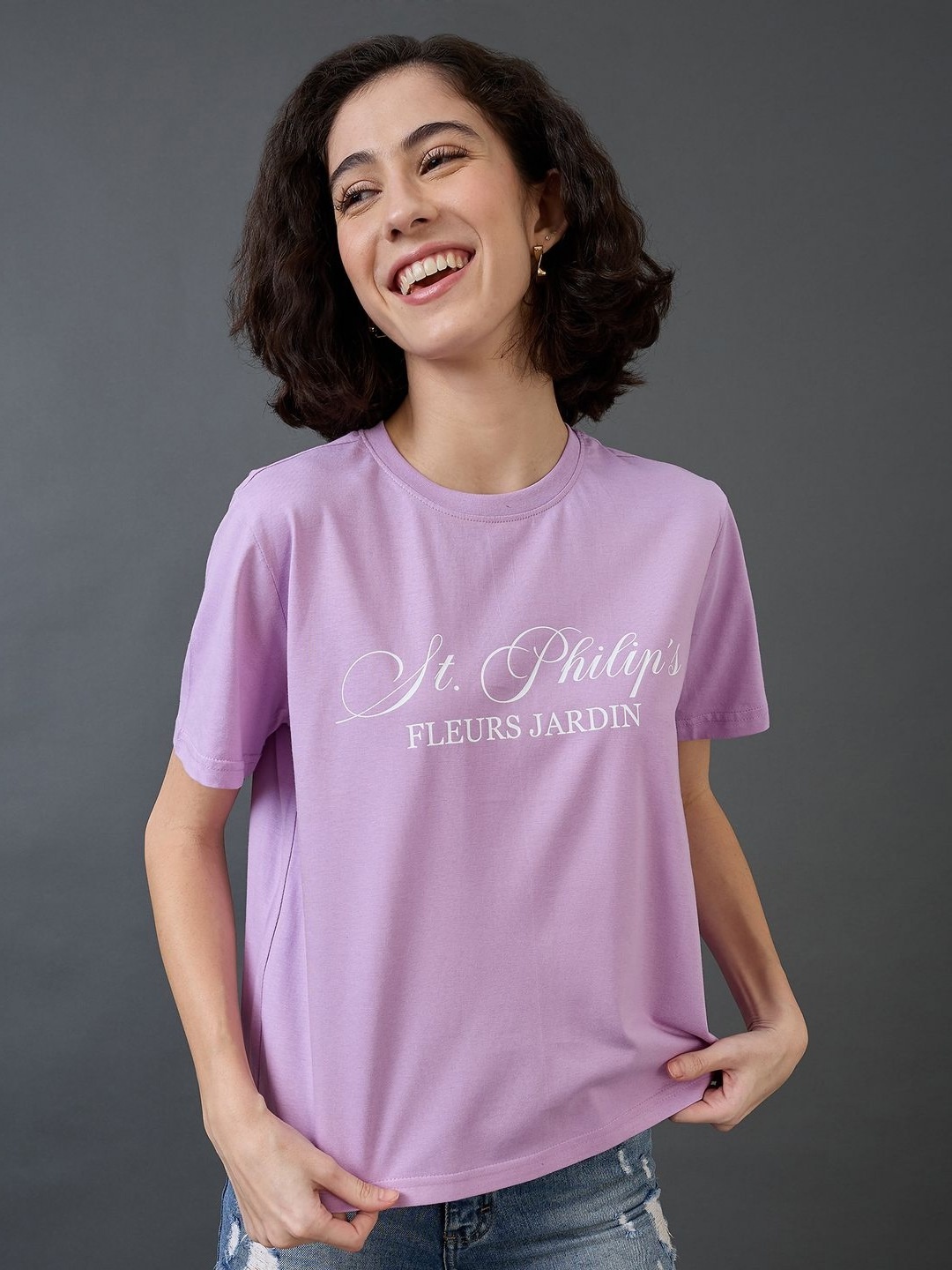 

Mast & Harbour Women Printed Applique T-shirt, Lavender