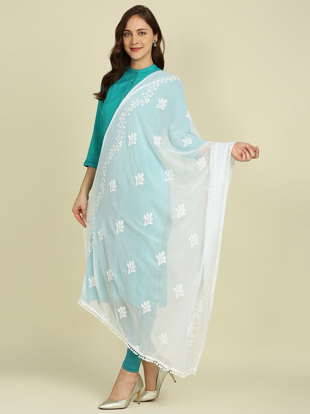 

LA FEMINAE Embroidered Thread Work Dupatta, White