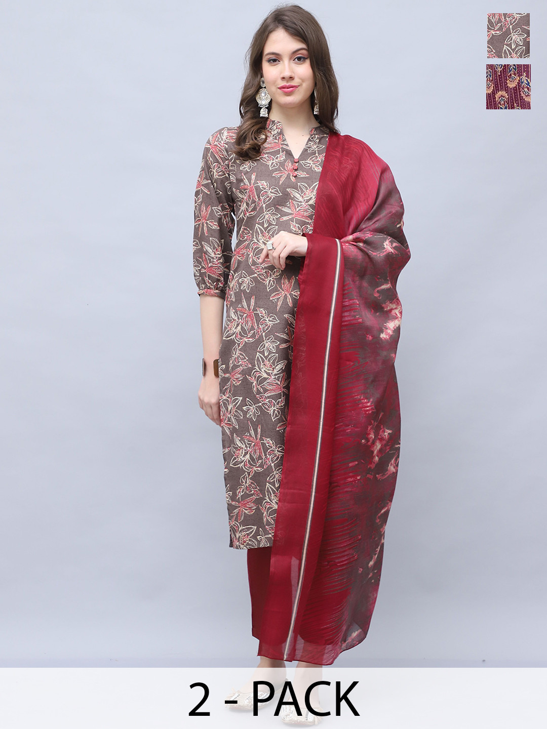 

Rajnandini Selection Of 2 Floral Printed Straight Kurta with Trouser & Dupatta, Maroon