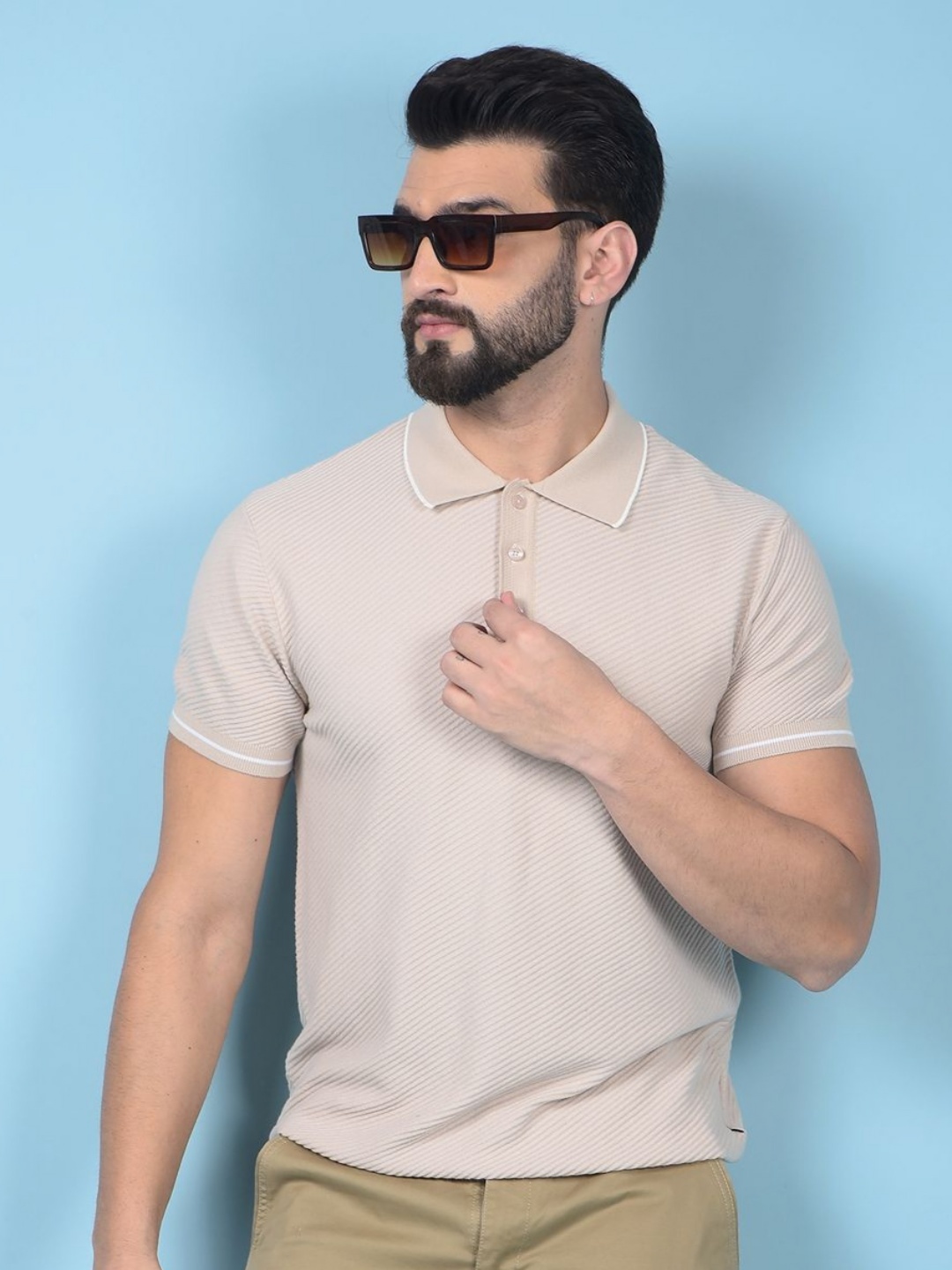 

Crimsoune Club Men Polo Collar Pockets Slim Fit T-shirt, Beige