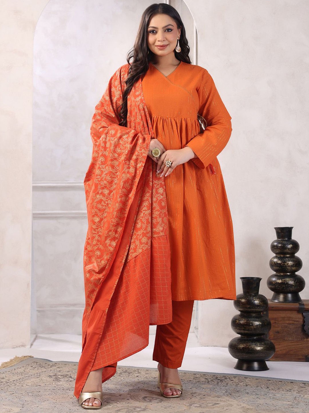 

KALINI Women Striped Angrakha Pure Cotton Kurta with Trousers & With Dupatta, Orange