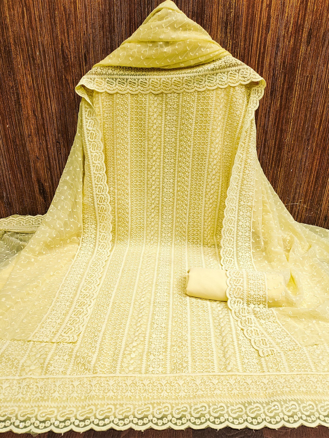 

Rangtulika Floral Embroidered Chikankari Work Georgette Unstitched Dress Material, Yellow