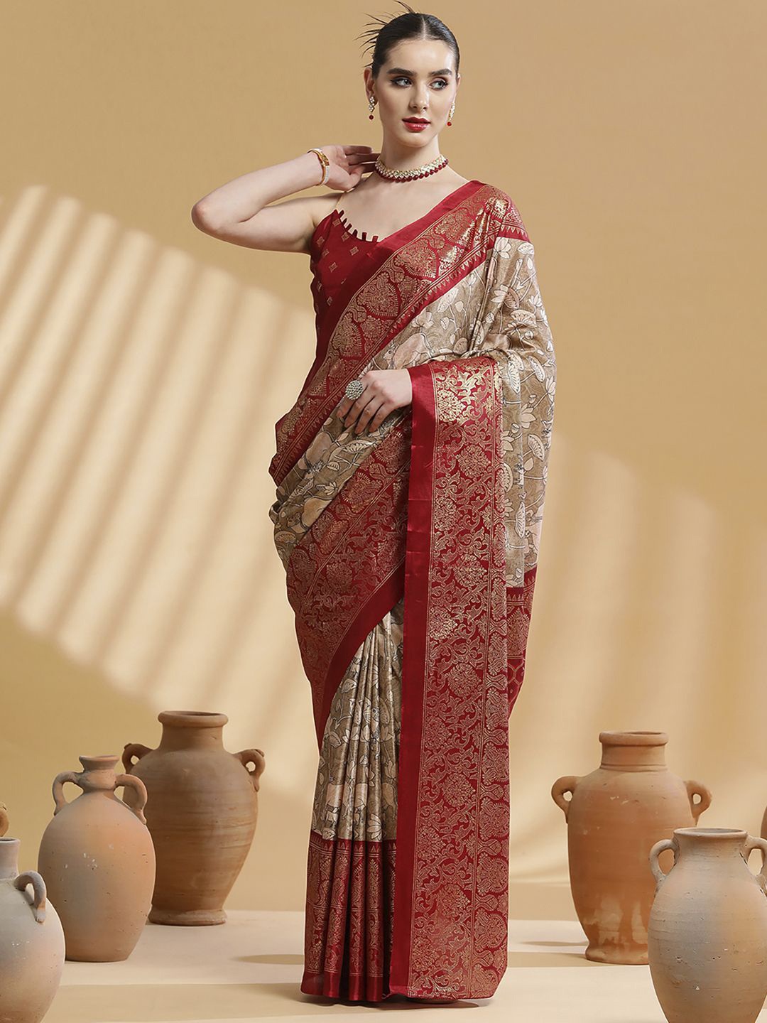 

Anouk Rustic Kalamkari Zari Silk Blend Bagh Saree, Camel brown