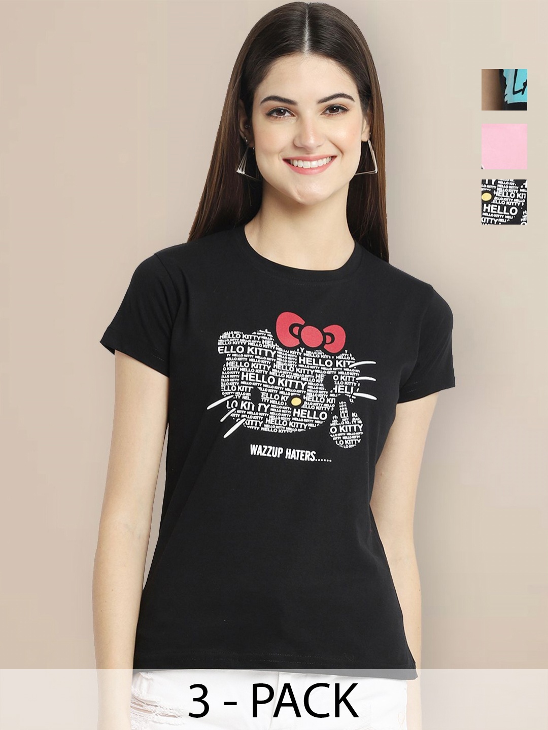 

Metronaut Women Pack of 3 Typography Printed Round Neck Cotton T-shirts, Black
