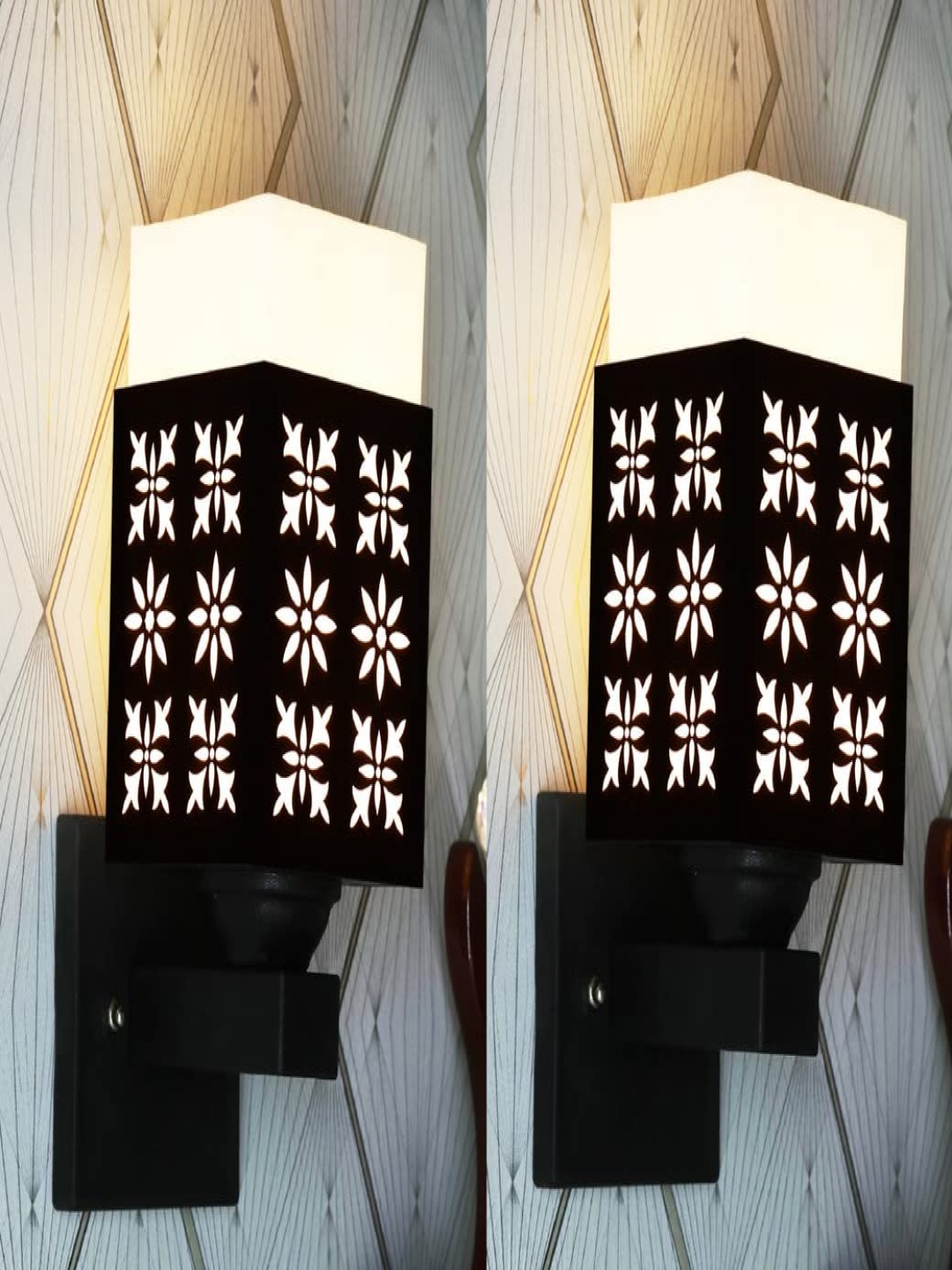 

Gojeeva Black & White 2 Pieces Textured Wooden Rectangle Shaped Wall Lamps