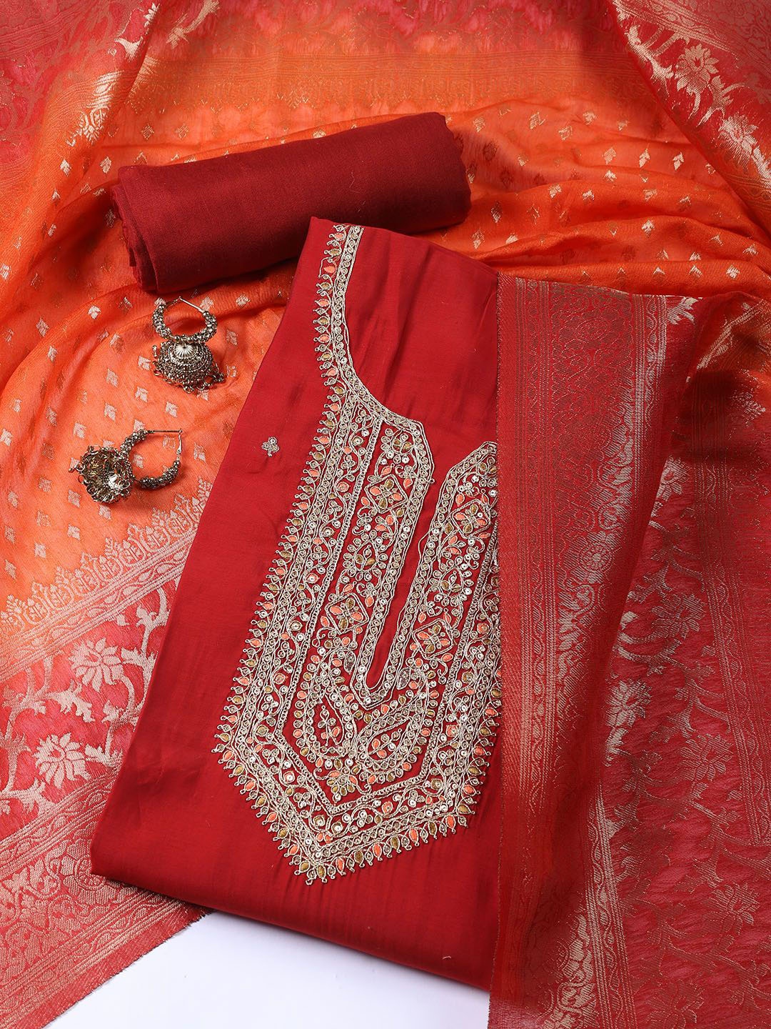 

Meena Bazaar Floral Embroidered Sequinned Unstitched Dress Material, Maroon