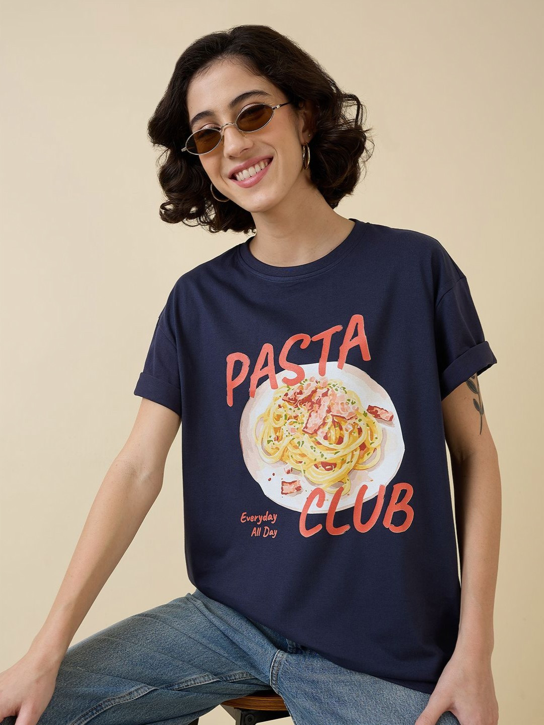 

Mast & Harbour Women Printed Raw Edge T-shirt, Navy blue
