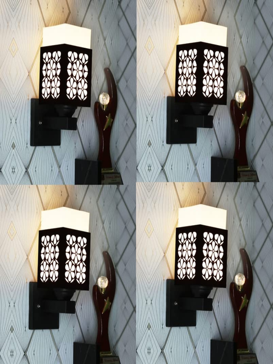 

Gojeeva Black & White 4 Pieces Textured Wooden Square Shaped Wall Lamps