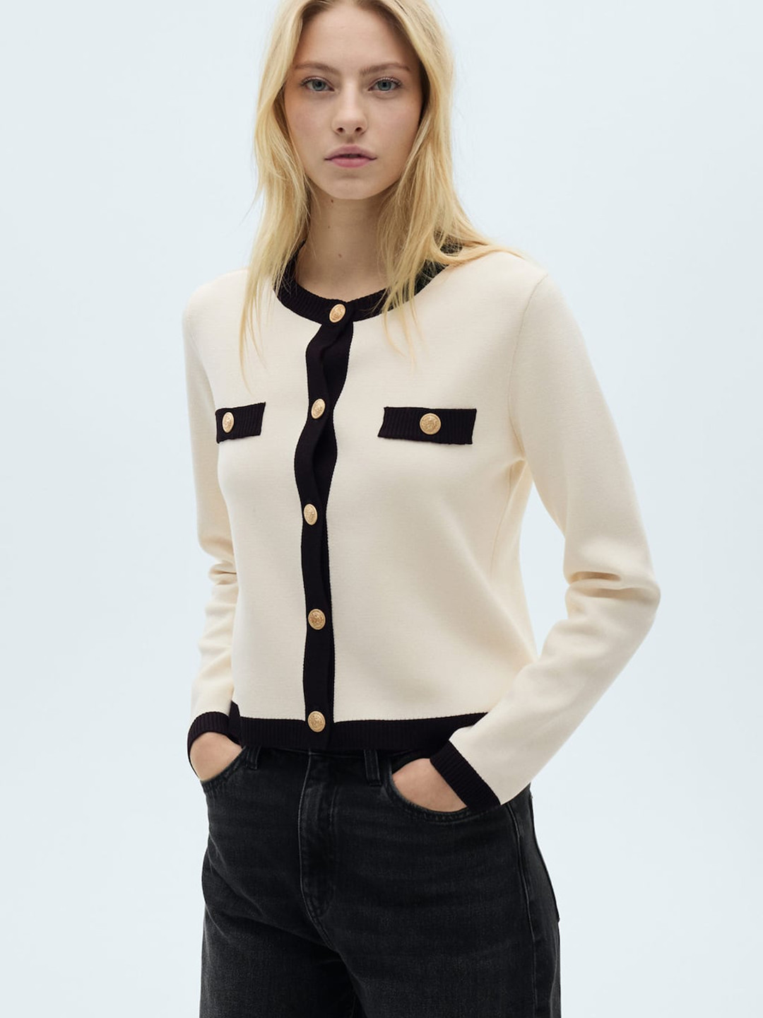 

MANGO Collarless Knitted Jacket, Cream