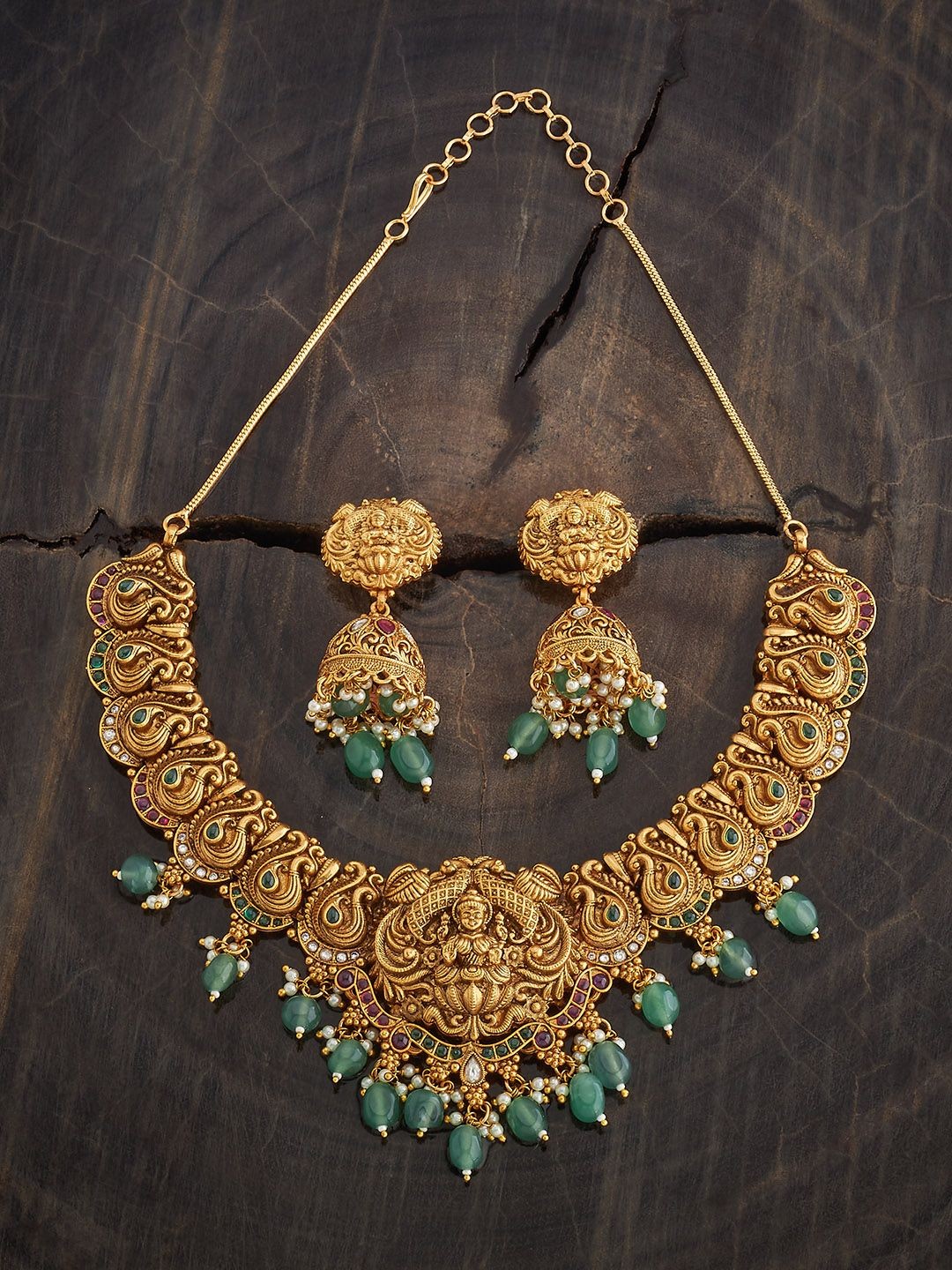 

Kushal's Fashion Jewellery Gold-Plated Ruby Studded Ethnic Antique Jewellery Set