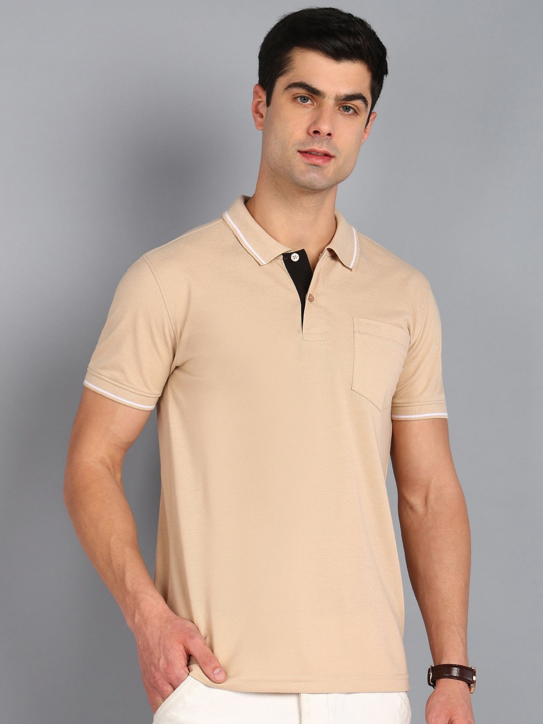

XFOX Men Polo Collar T-shirt, Beige
