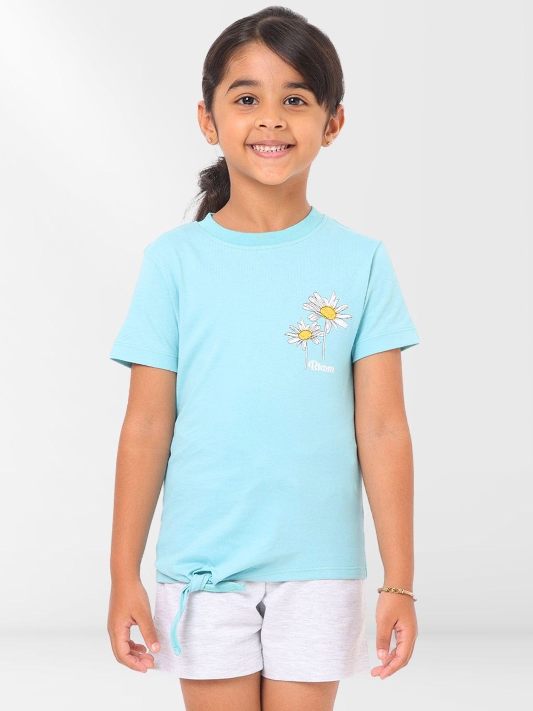 

Nuego Kids Girls Floral Print Pure Cotton T-Shirt with Shorts Clothing Set, Turquoise blue