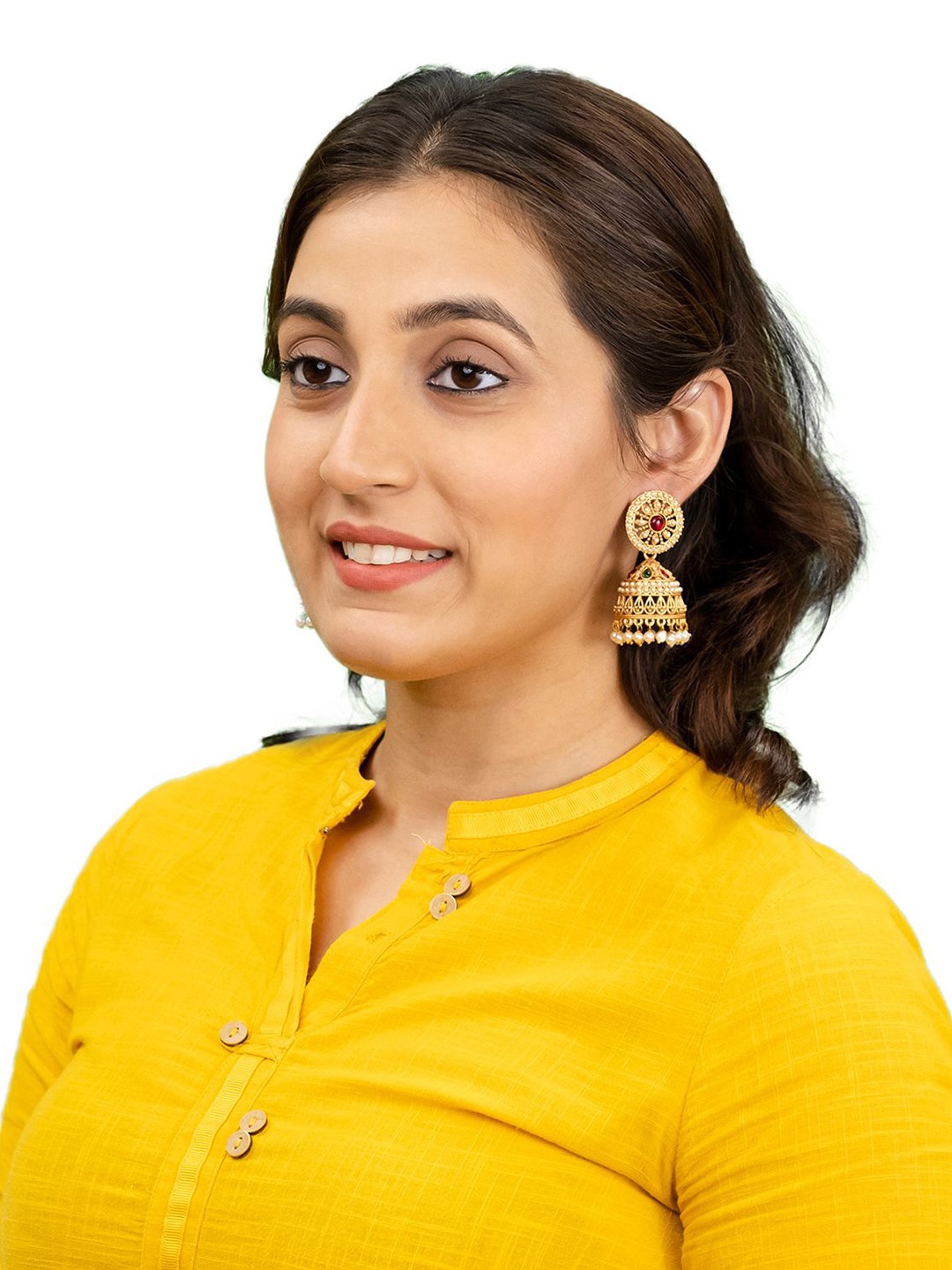 

Shining Jewel - By Shivansh Gold-Plated Cubic Zirconia Studded Dome Shaped Jhumka