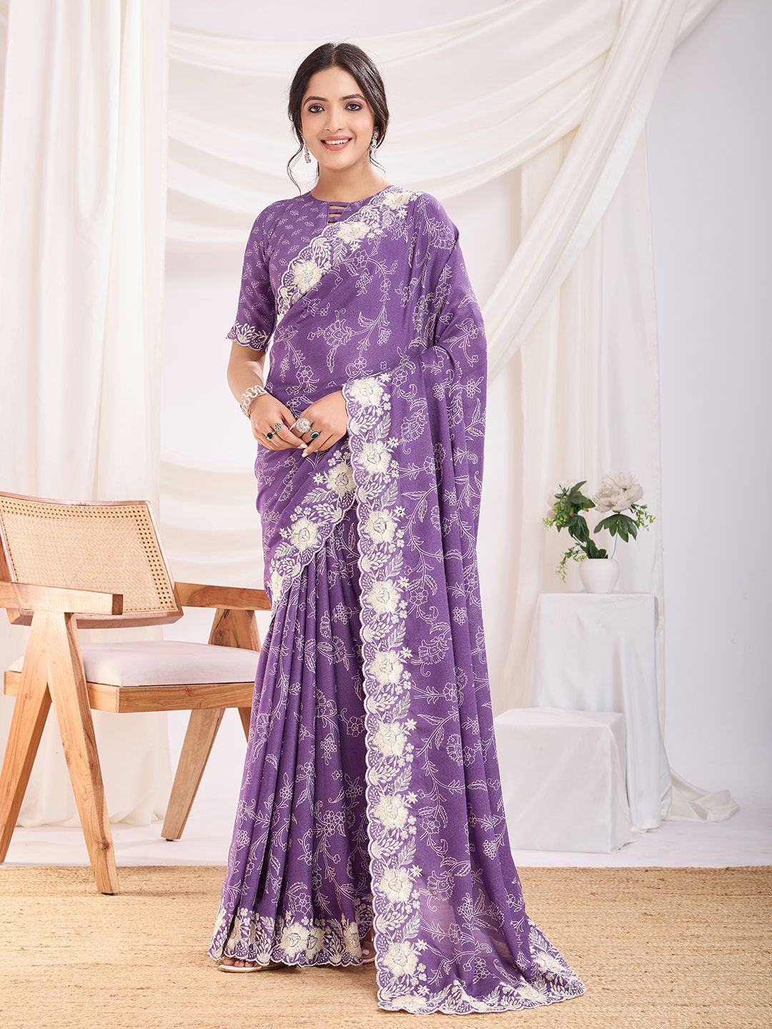 

Ishin Floral Embroidered Poly Georgette Saree, Purple