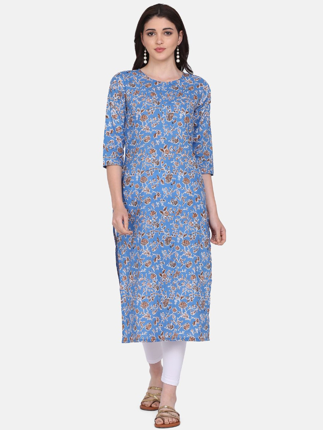 

HRITIKA Floral Printed Pure Cotton Straight Kurta, Blue