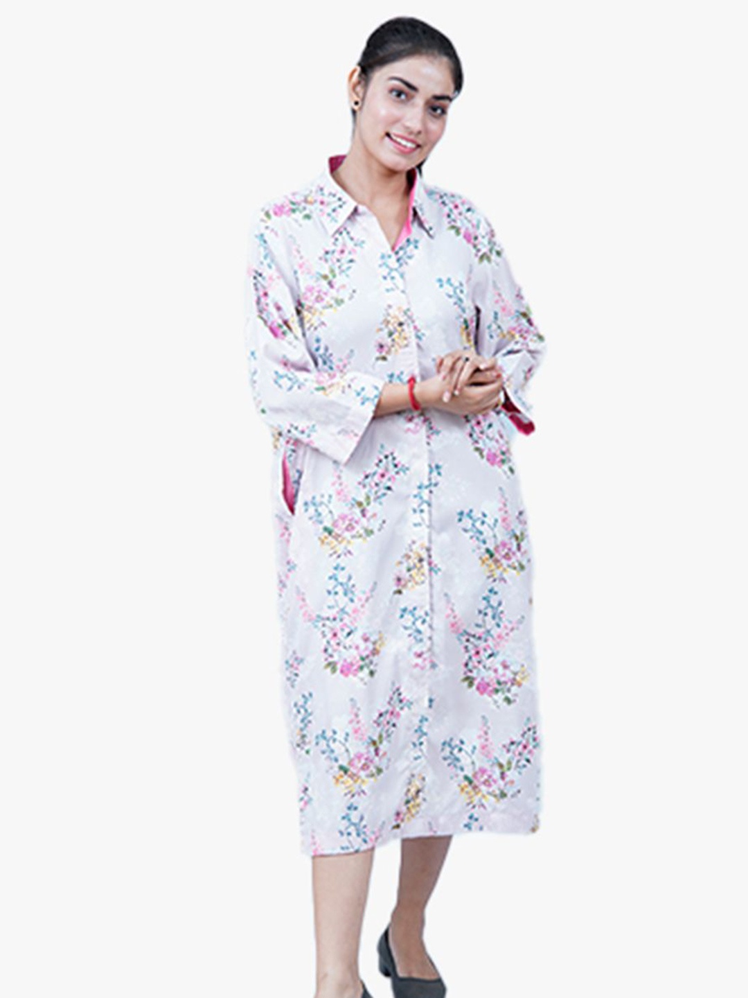 

UNLOKALE Floral Print Shirt Midi Dress, White