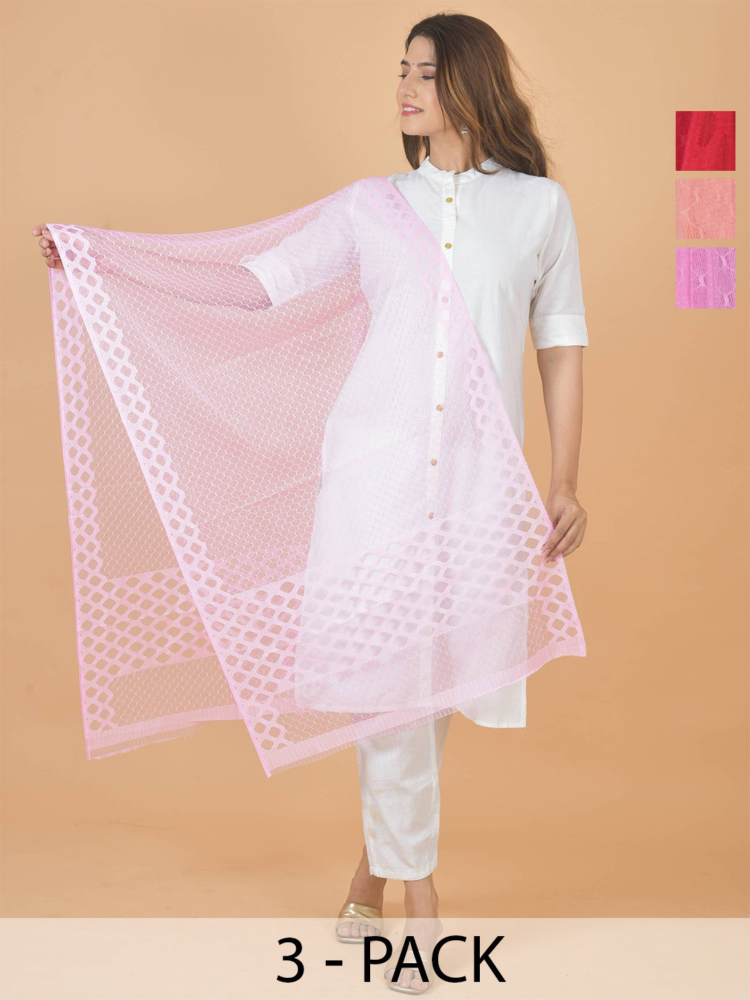 

LA FEMINAE Selection Of 3 Geometric Woven Design Dupatta, Red
