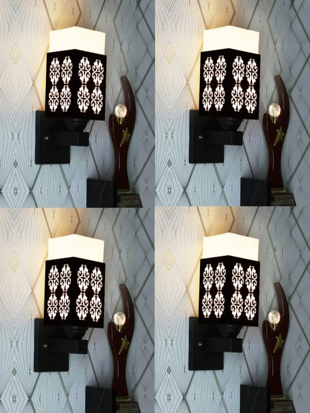 

Gojeeva Black & White 4 Pieces Textured Wooden Square Shaped Wall Lamps