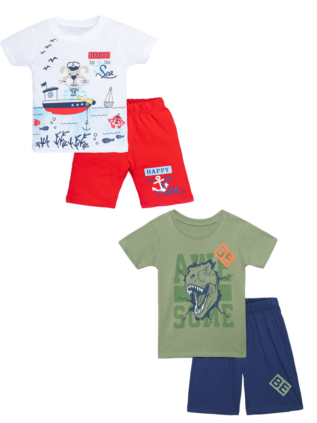 

YK Boys Pack Of 2 Printed Pure Cotton T-shirt With Shorts, White
