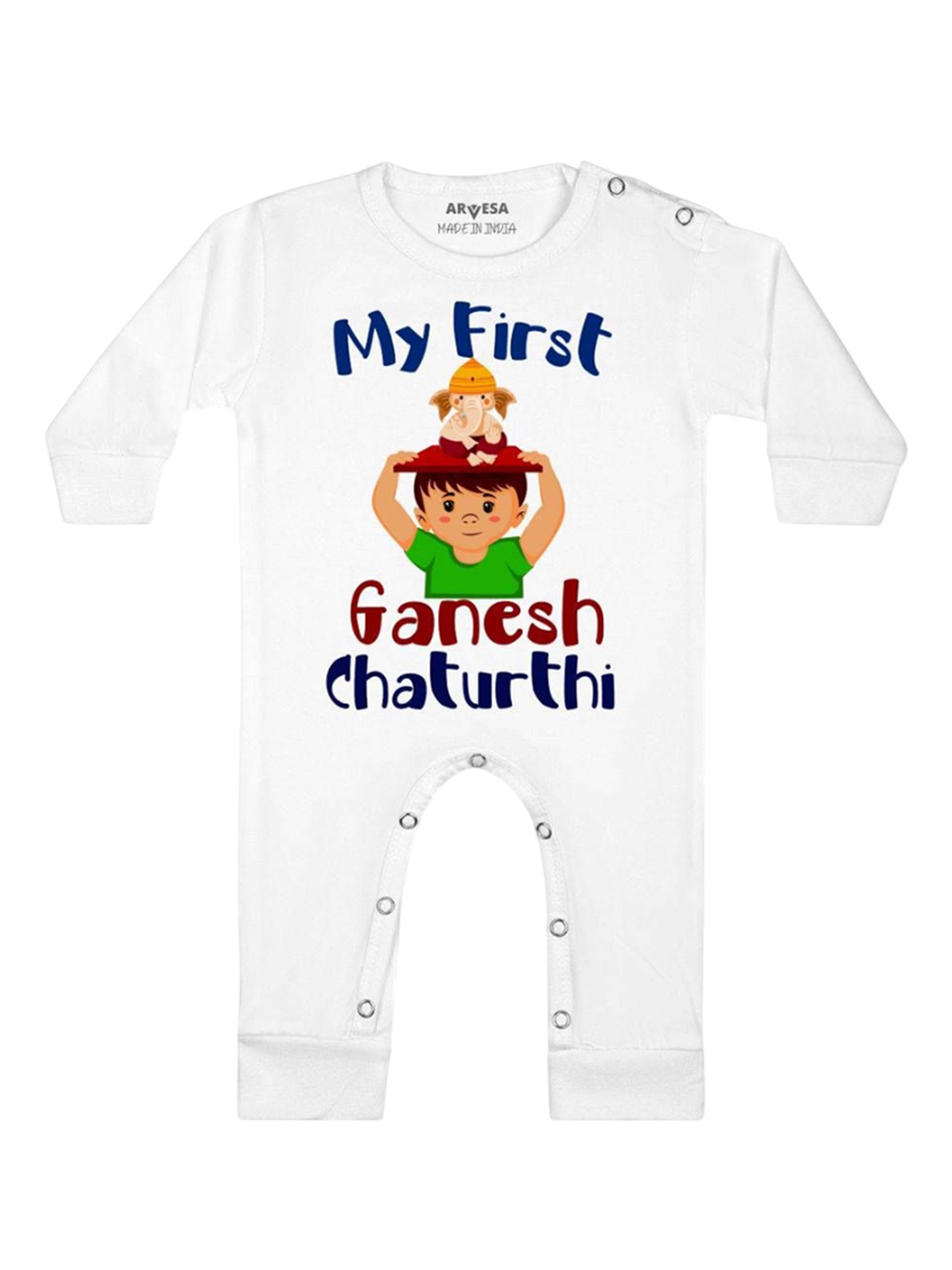 

Arvesa First Ganpati Printed Baby Romper, White