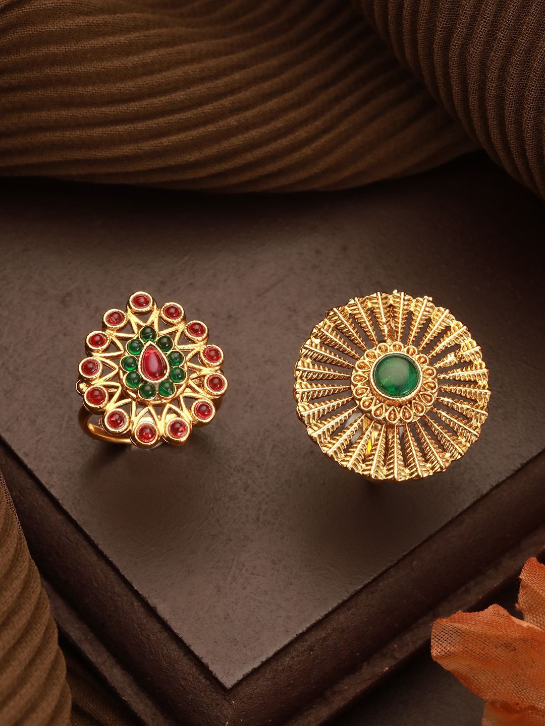 

Jazz and Sizzle Set Of 2 Gold-Plated Artificial Stones Studded Adjustable Finger Rings