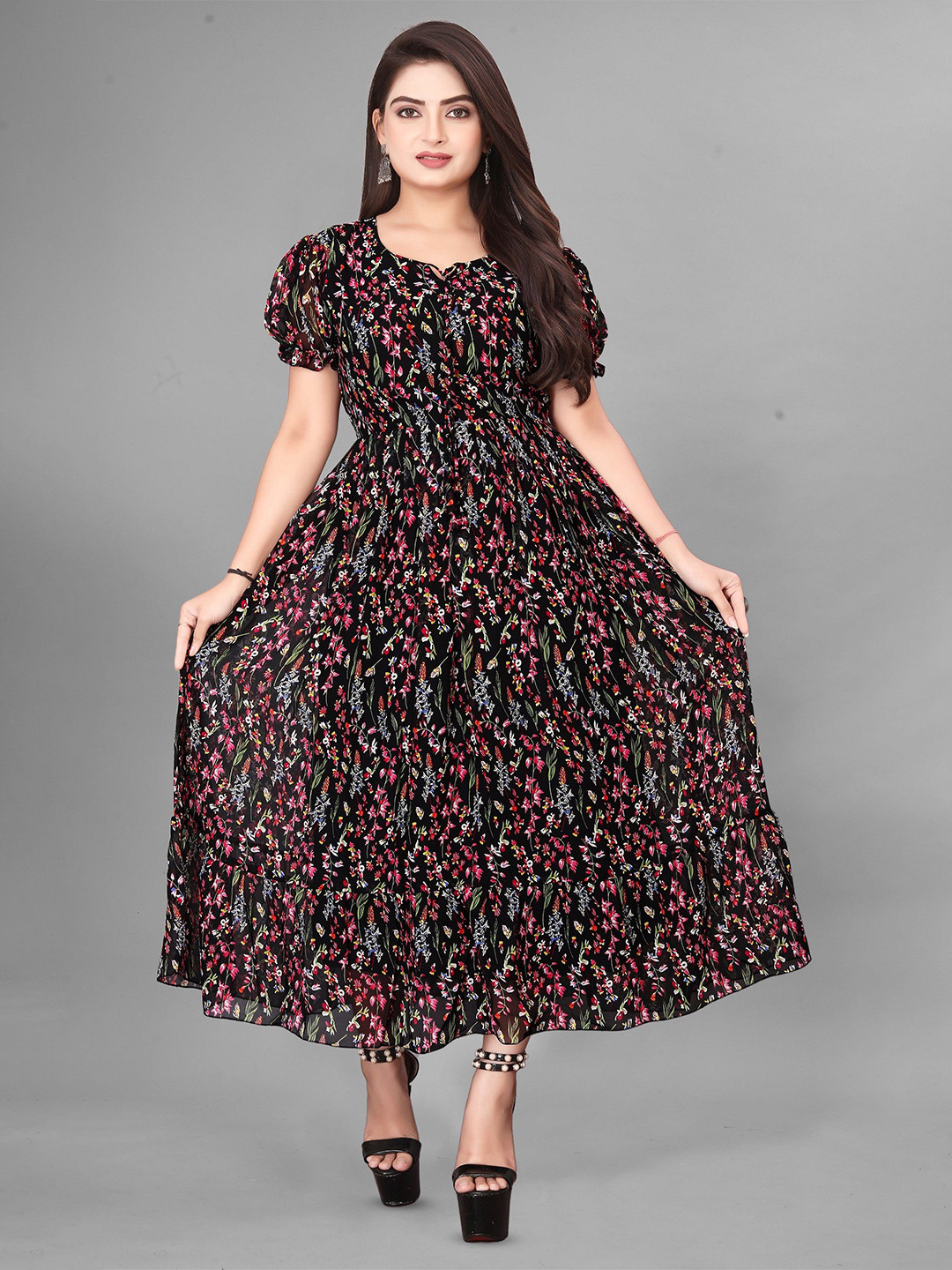 

QENA Floral Print Puff Sleeve Georgette Fit & Flare Maxi Dress, Multi