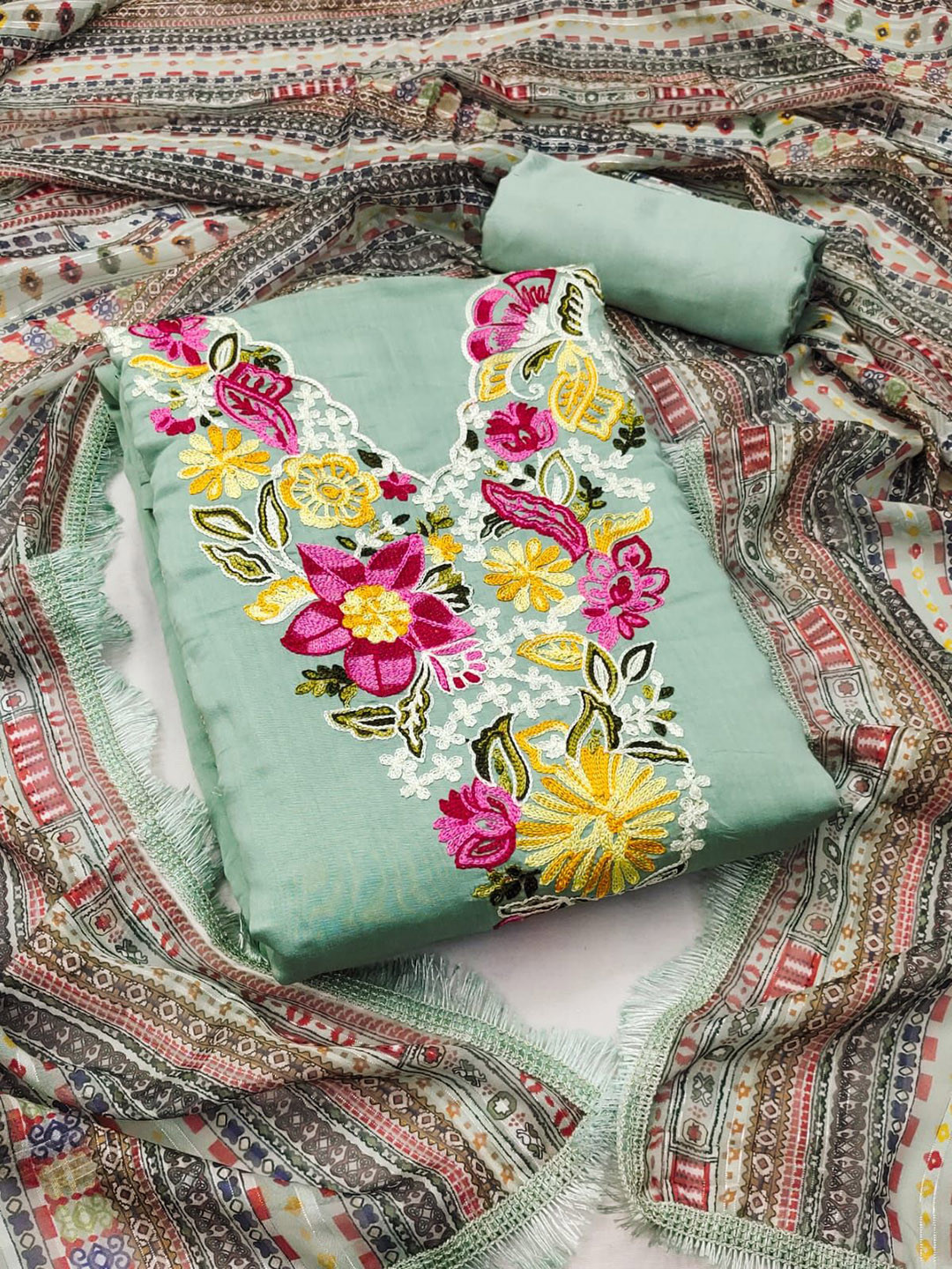 

Rangtulika Floral Embroidered Cotton Silk Unstitched Dress Material, Green