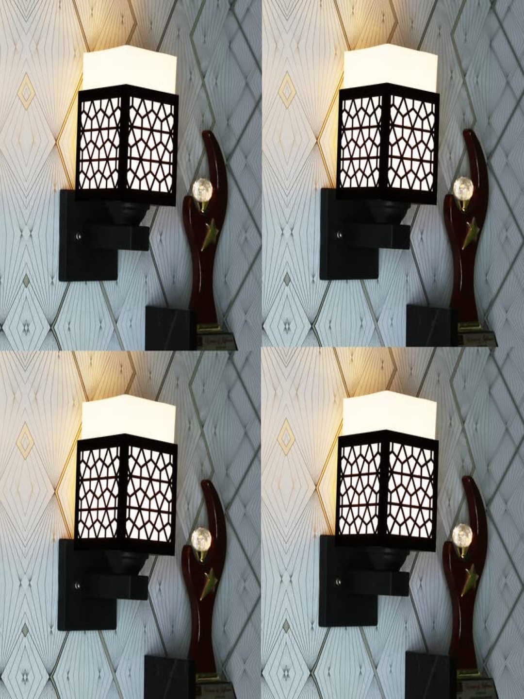 

Gojeeva Black & White 4 Pieces Textured Square Shaped Wooden Wall Lamps