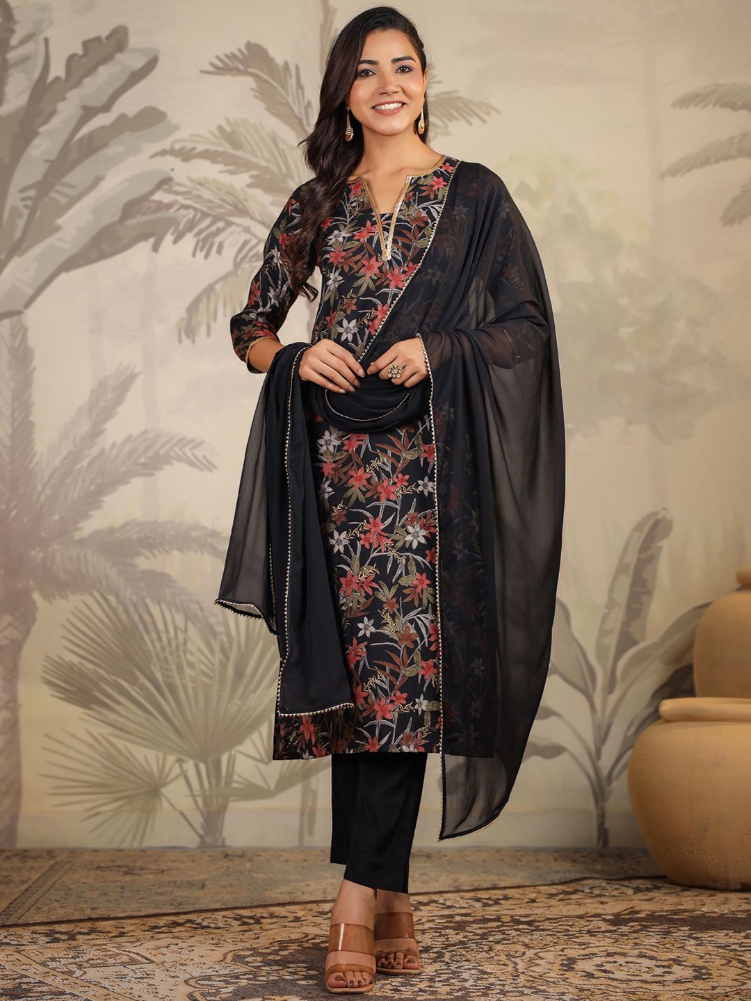 

KALINI Women Floral Printed Regular Chanderi Silk Kurta with Trousers & With Dupatta, Black